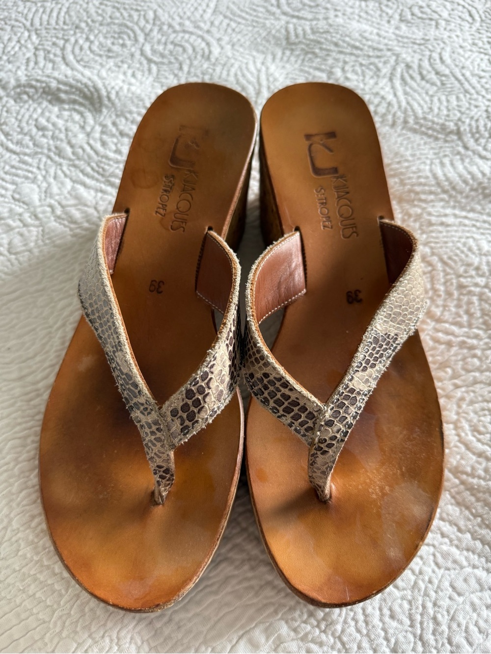 KJacques Brown/Tan Snake-Print Leather Wedge Sandals